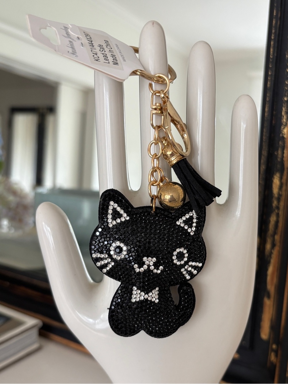 Black Cat Bag Charm Keychain Sparkly Kitty with Tassel - Picture 2 of 6